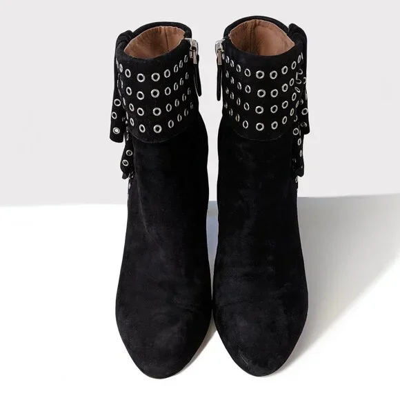 Alaïa Black Suede Grommet Embellished Ruffled Ankle Boots | Size 38.5 - Picture 6 of 16